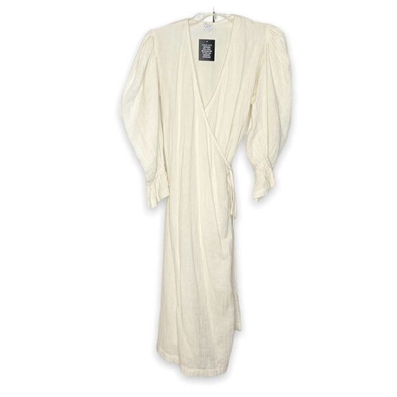 RHODE RESORT Emi Wrap Midi Dress Puff Sleeves Ruffle Cream Cotton XS NEW -232294 - Picture 3 of 12